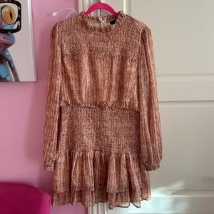 Aqua long sleeve peach mid thigh dress with gold accents